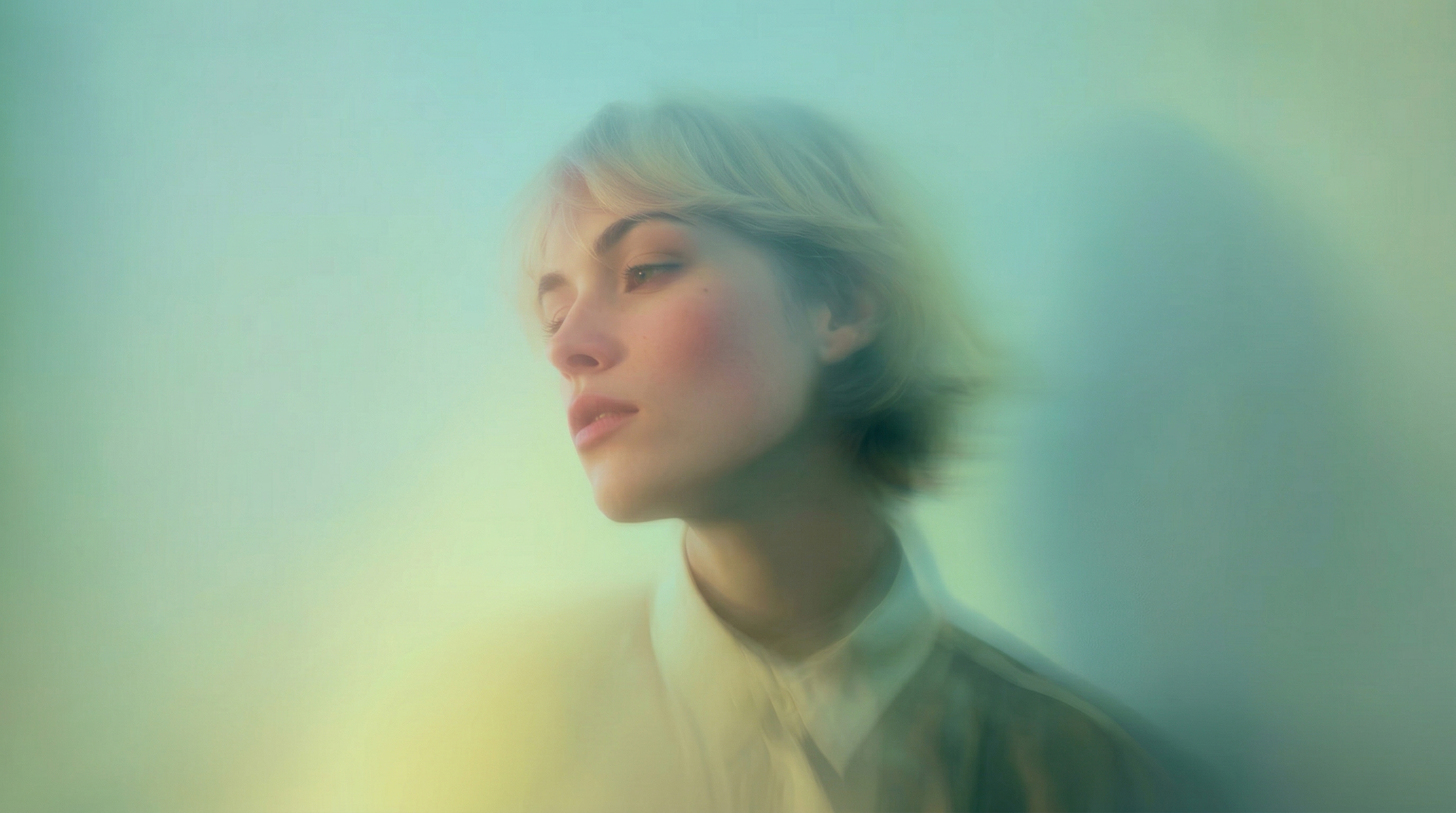 Woman in peaceful reflection with soft ethereal light