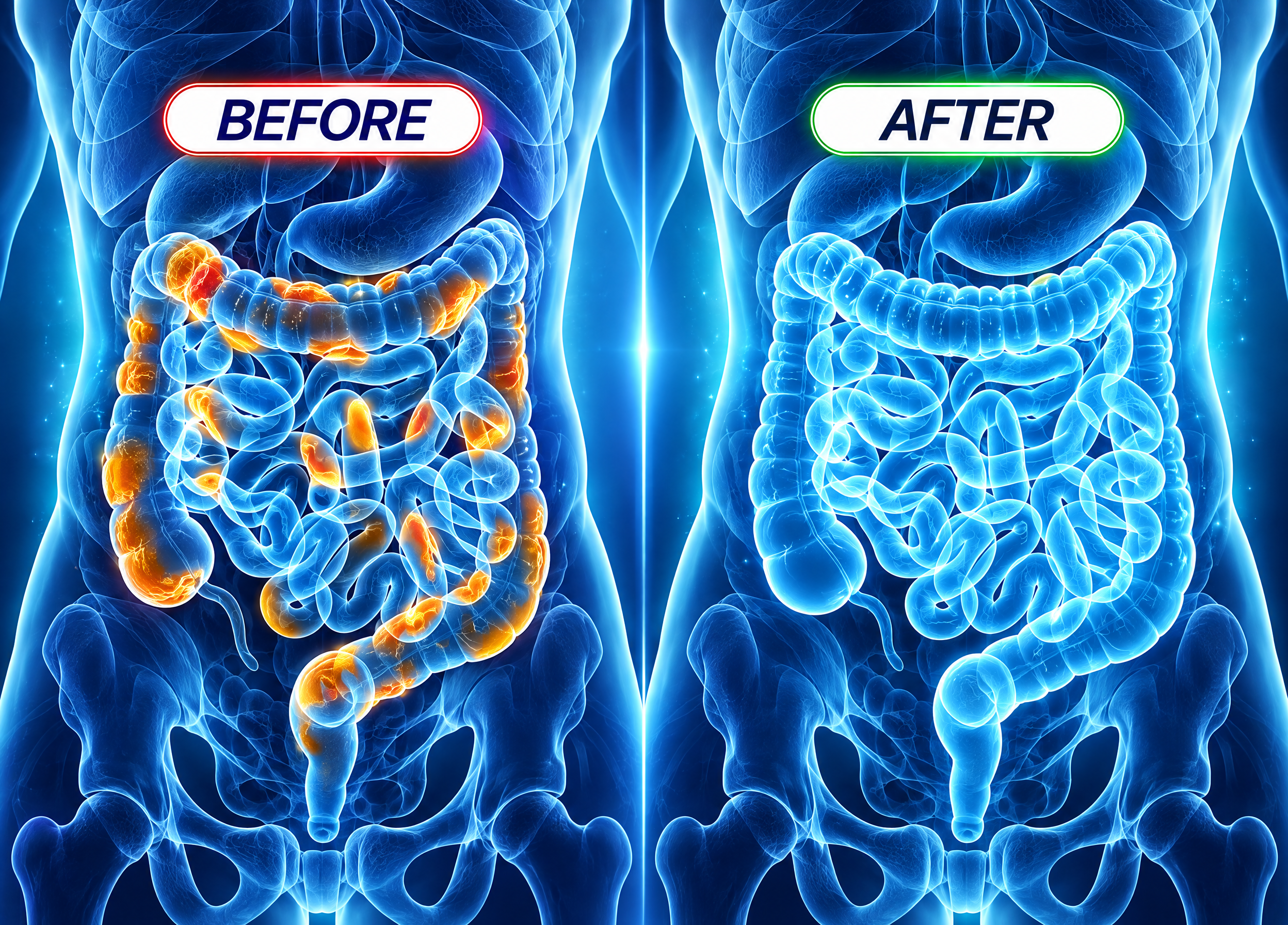 Before and after colon hydrotherapy illustration showing cleansed digestive system